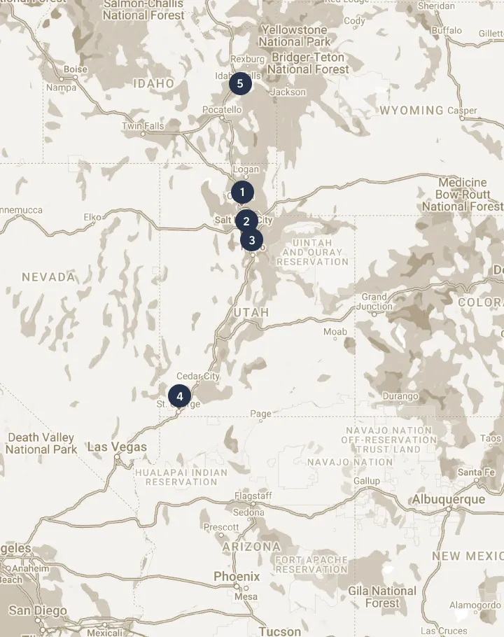 A map with dots marking the locations.