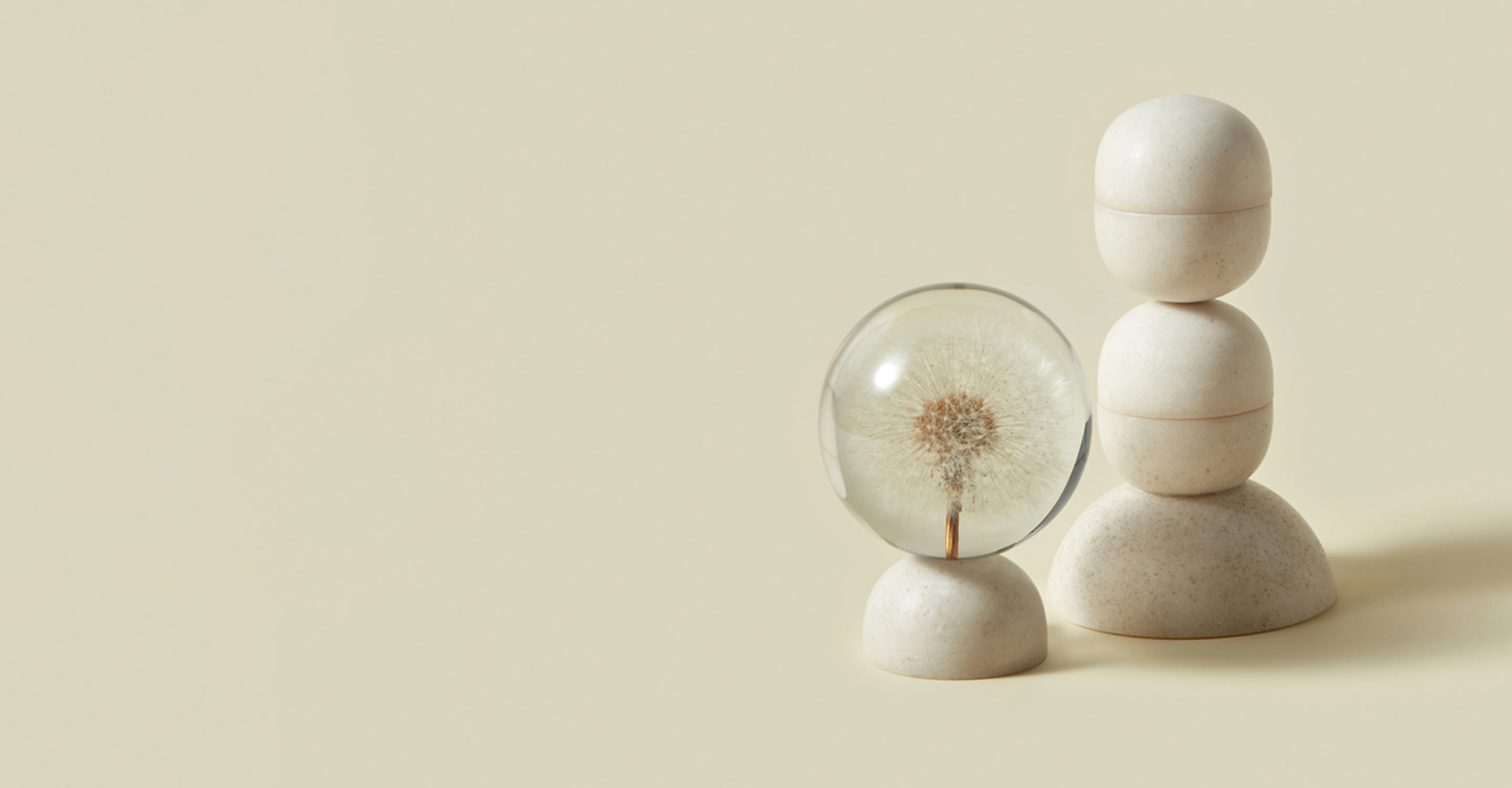A dandelion between wooden sculptures.