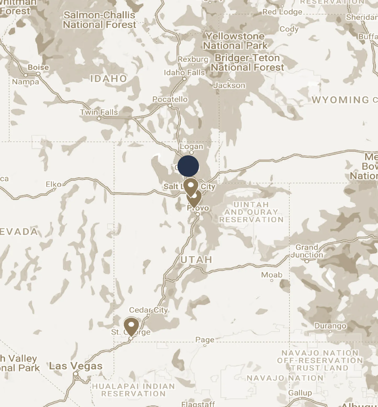A map with dots marking the locations.